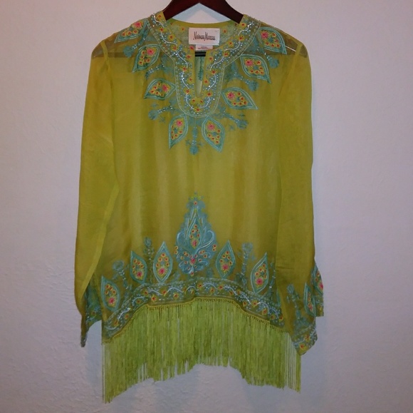 Neiman Marcus Tops - Neiman Marcus Sheer Embroidered Lime Green Tunic